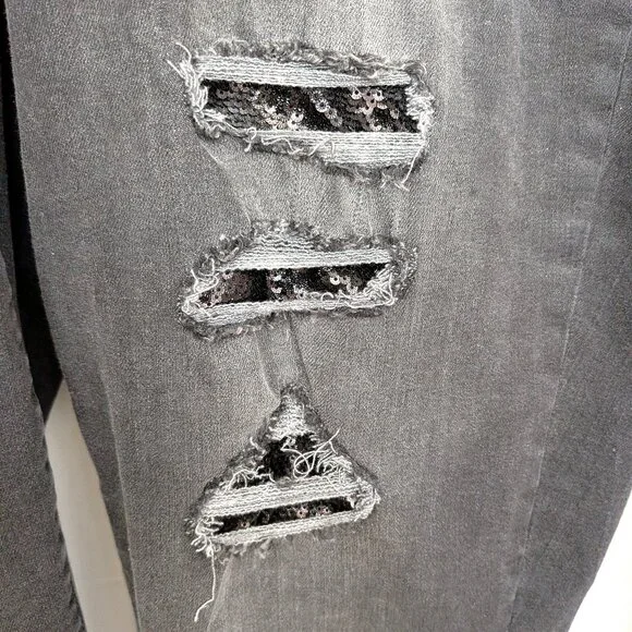 Lane Bryant Black Sequin Inserts Dark Gray Low Rise Girlfriend Distressed Jeans - Picture 3 of 6